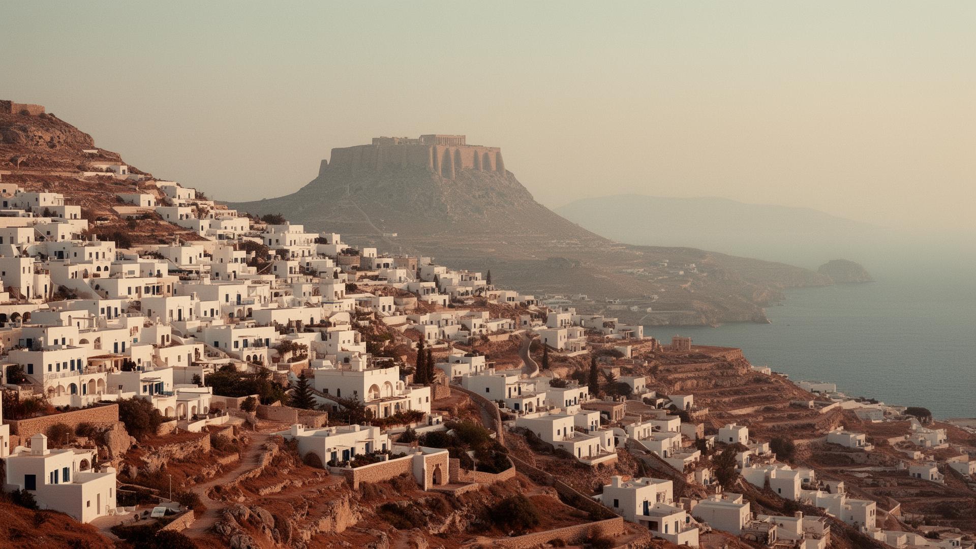 Blick über die weißen Häuser von Lindos auf die Akropolis und das Ägäische Meer im Abendlicht.